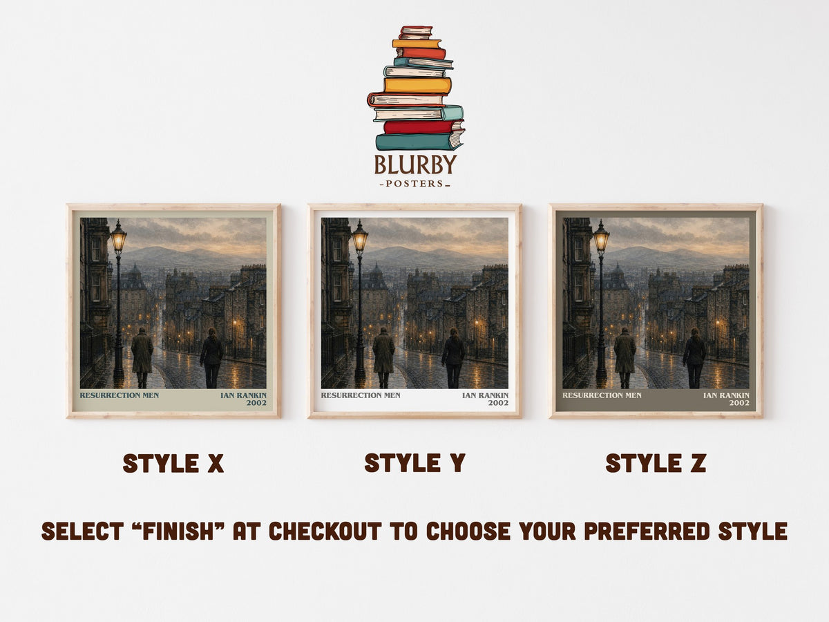 Resurrection Men literary print in frame leaning in hallway – crime wall art (mockup)
