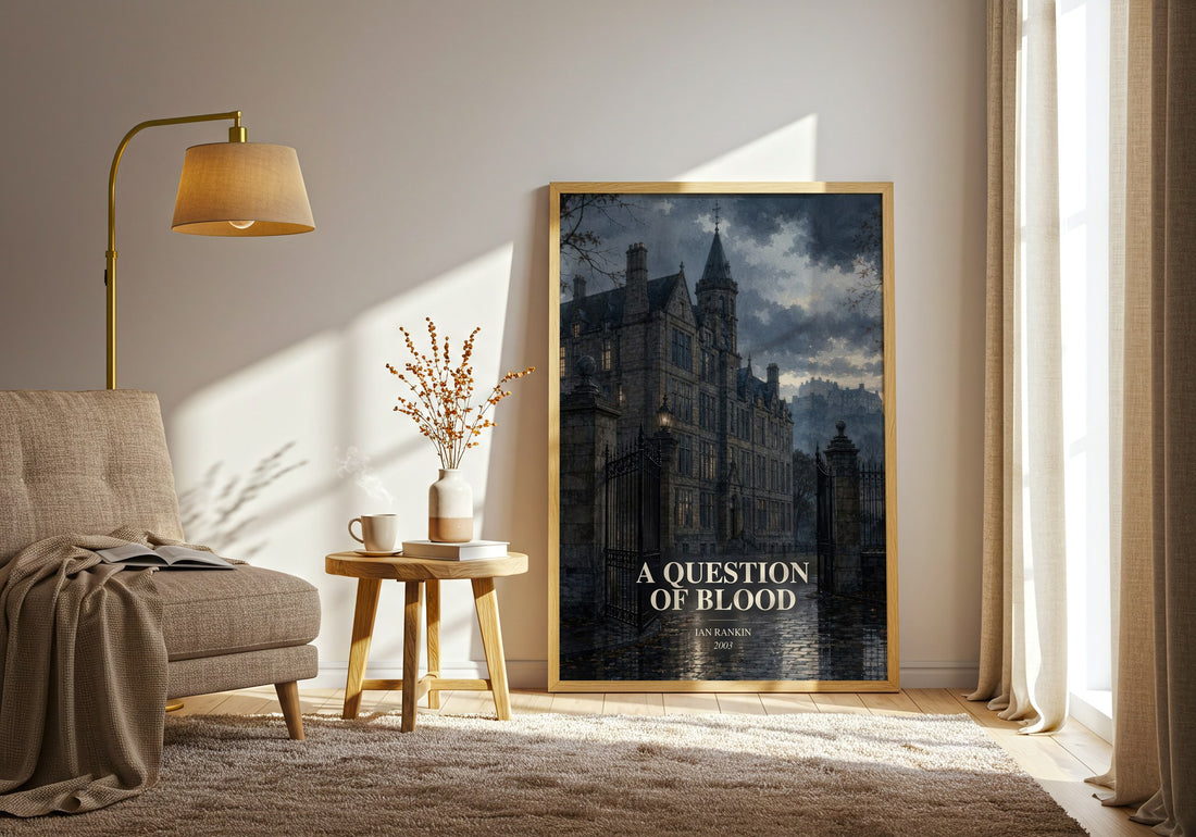 A Question of Blood watercolour print in frame leaning in hallway – crime wall art (mockup)