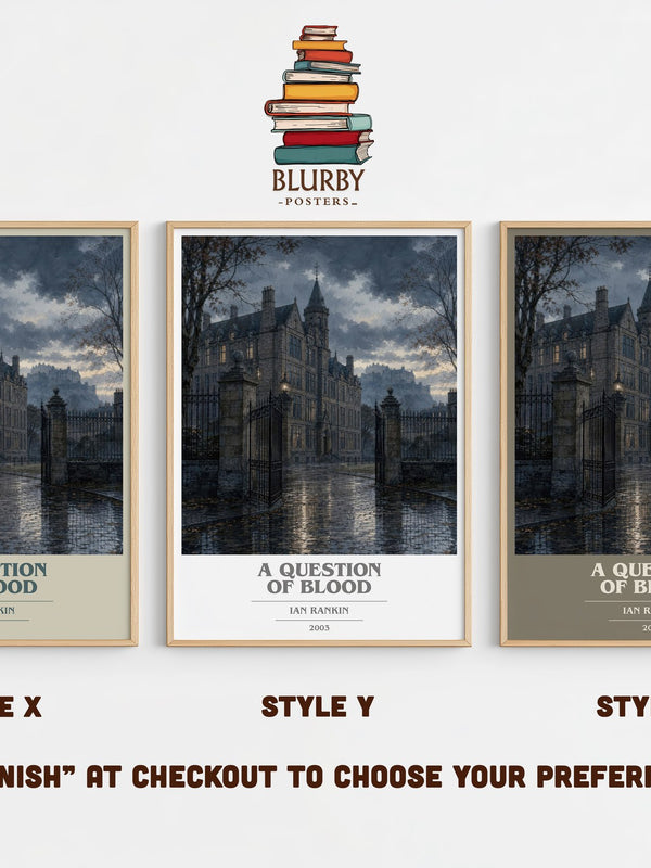 A Question of Blood book cover print in frame leaning in hallway – crime wall art
