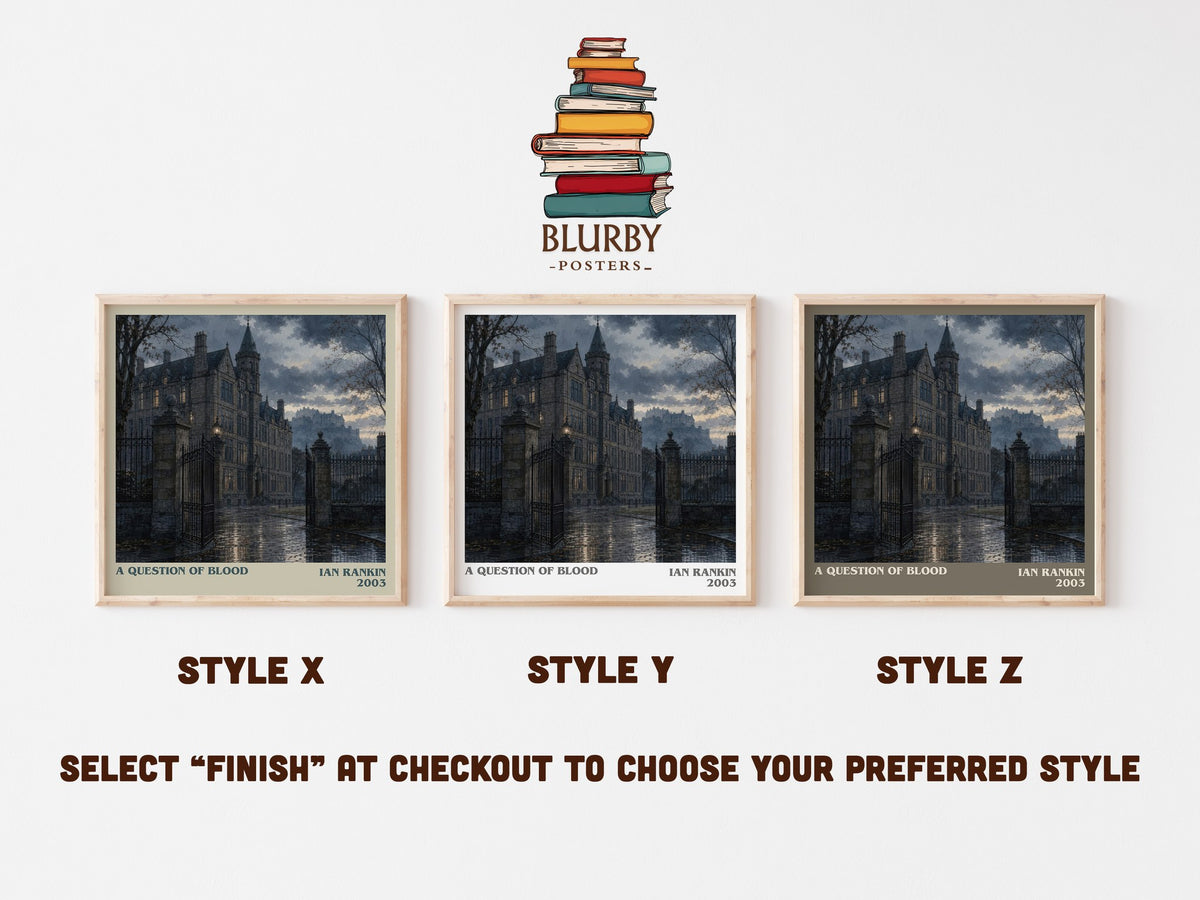 A Question of Blood literary print in frame leaning in hallway – crime wall art (mockup)