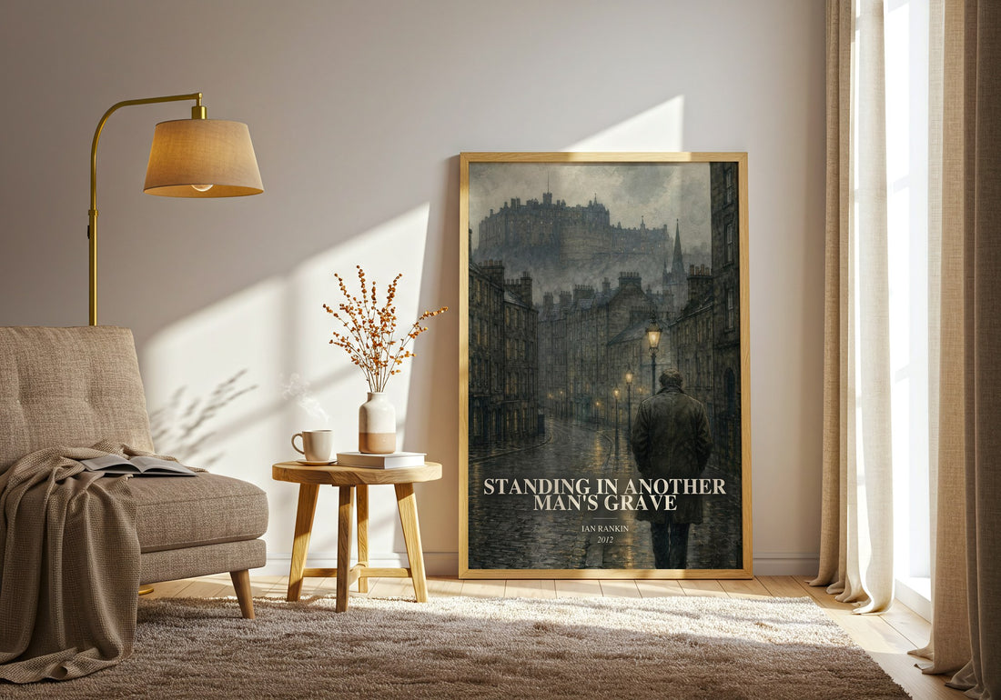 Standing in Another Man's Grave watercolour print in frame leaning in hallway – crime wall art (mockup)