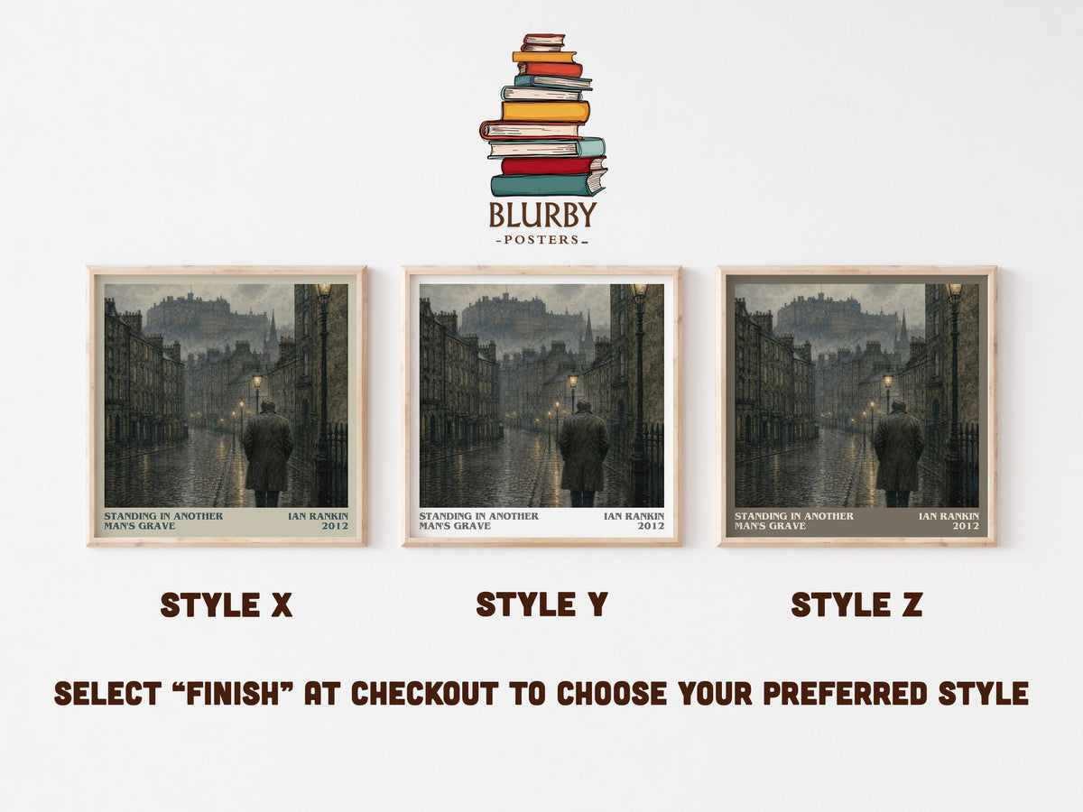 Standing in Another Man's Grave literary print in frame leaning in hallway – crime wall art (mockup)