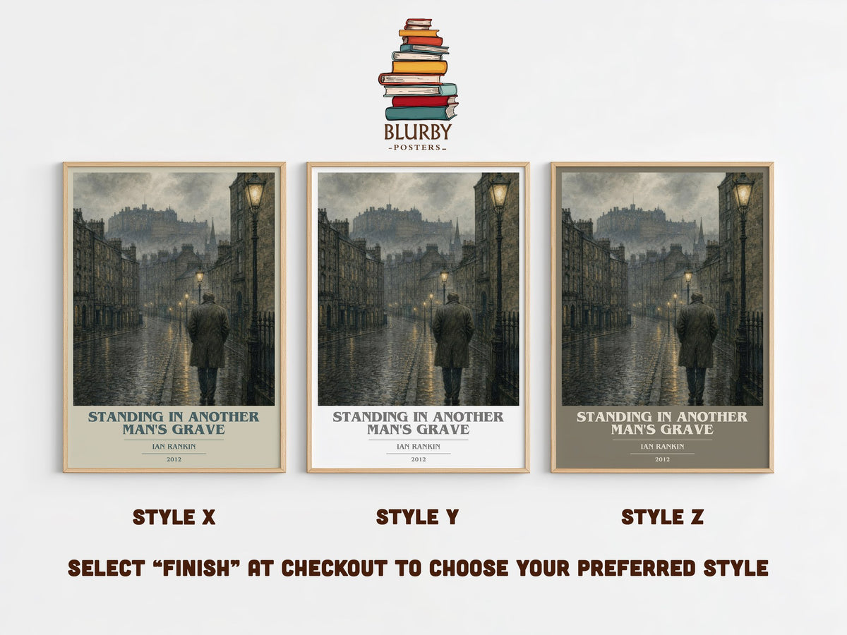 Standing in Another Man's Grave book cover print in frame leaning in hallway – crime wall art (mockup)