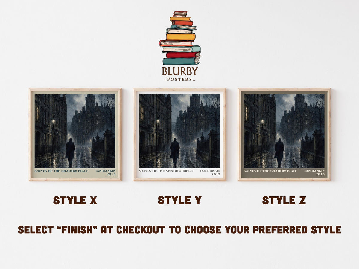 Saints of the Shadow Bible literary print in frame leaning in hallway – crime wall art (mockup)