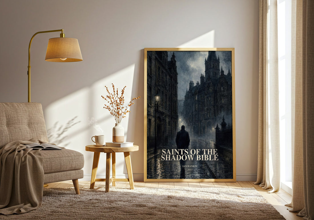 Saints of the Shadow Bible watercolour print in frame leaning in hallway – crime wall art (mockup)