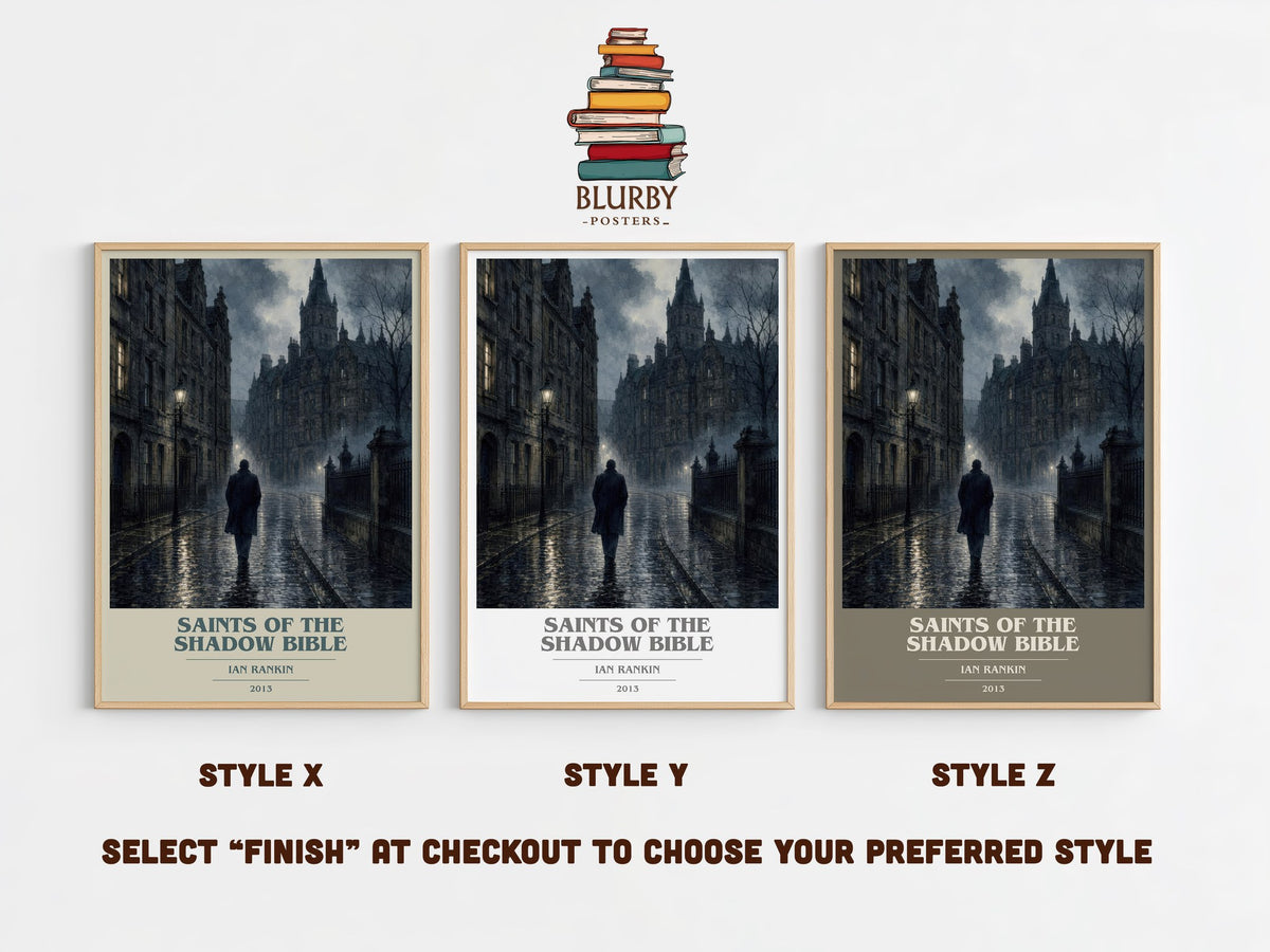 Saints of the Shadow Bible book cover print in frame leaning in hallway – crime wall art (mockup)