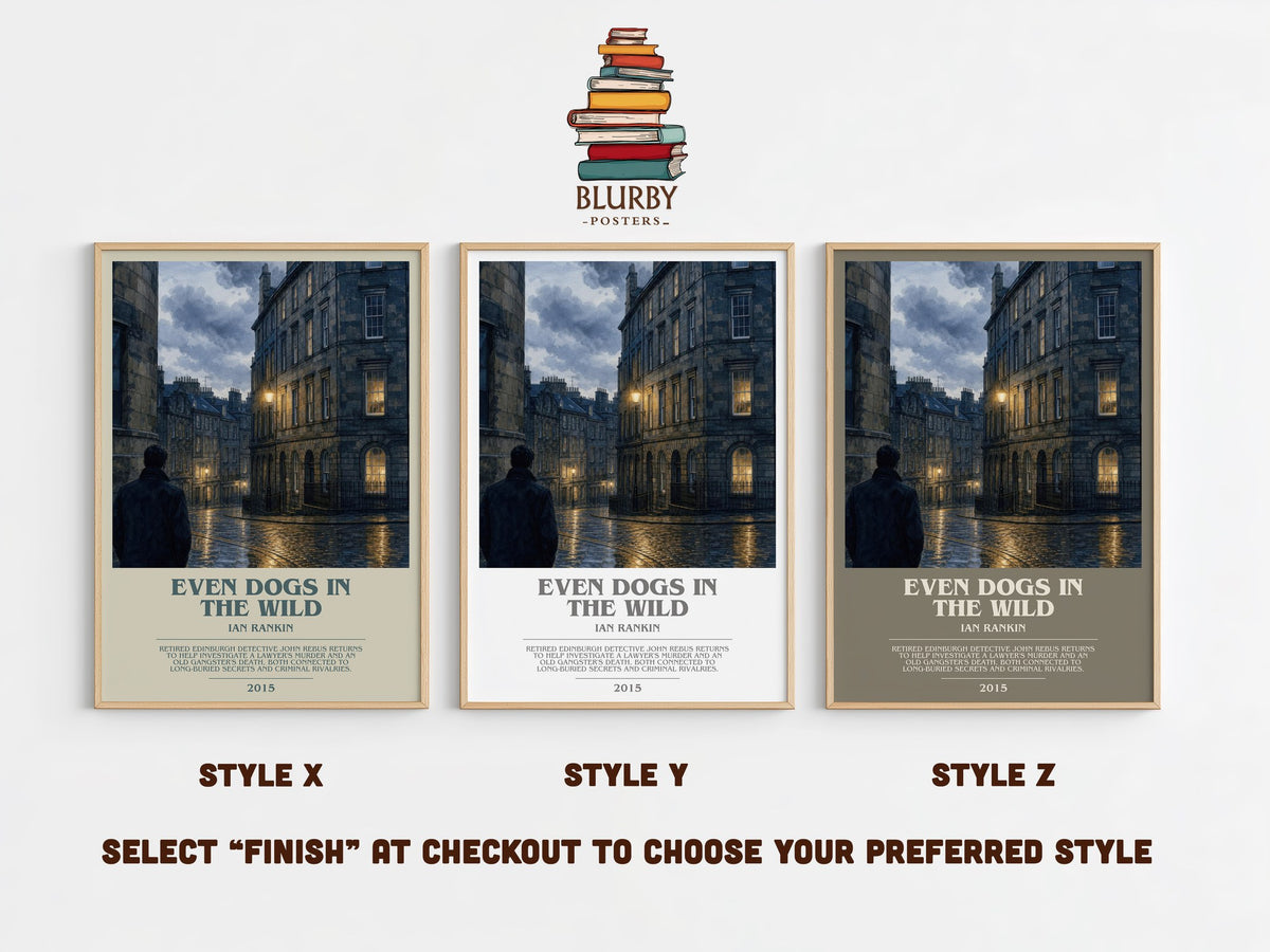 Even Dogs in the Wild bookish print in frame leaning in hallway – crime wall art (mockup)
