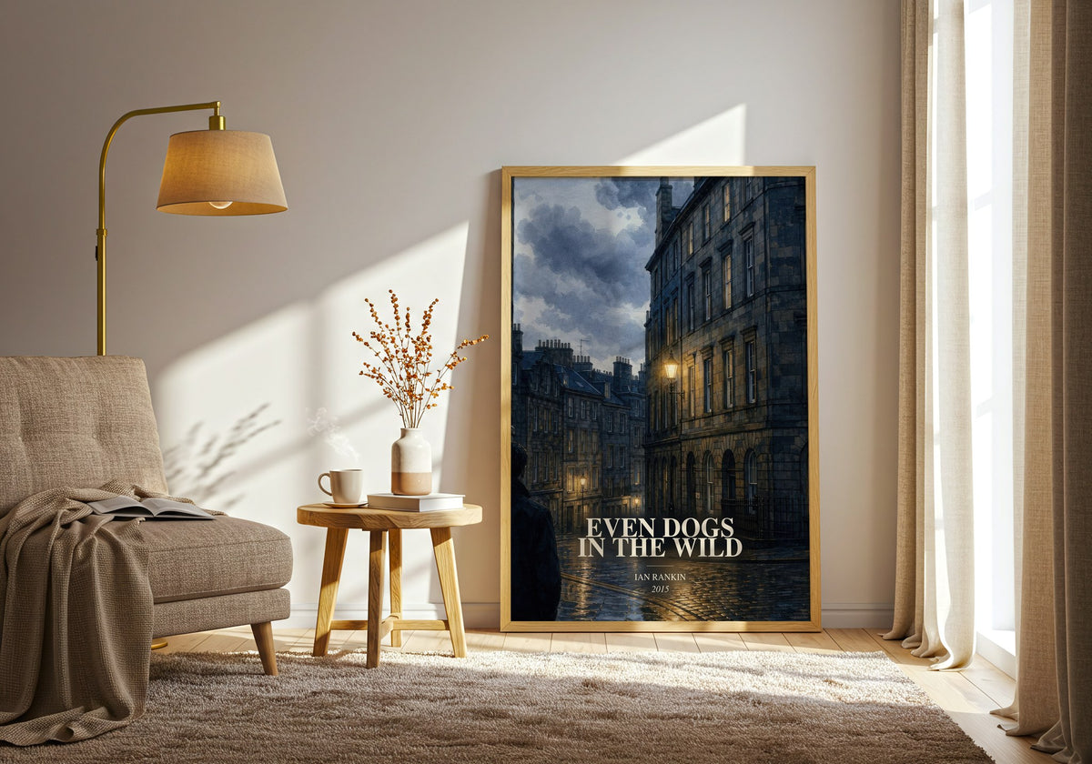 Even Dogs in the Wild watercolour print in frame leaning in hallway – crime wall art (mockup)