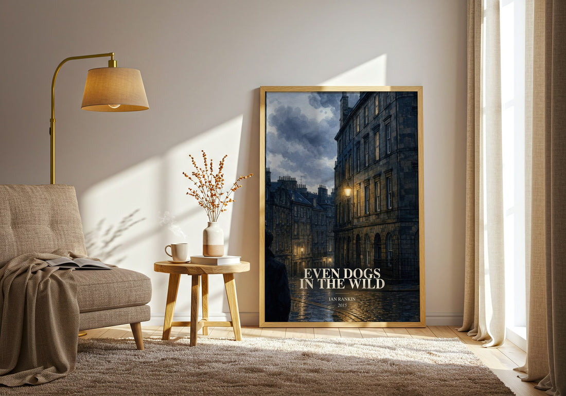 Even Dogs in the Wild watercolour print in frame leaning in hallway – crime wall art (mockup)