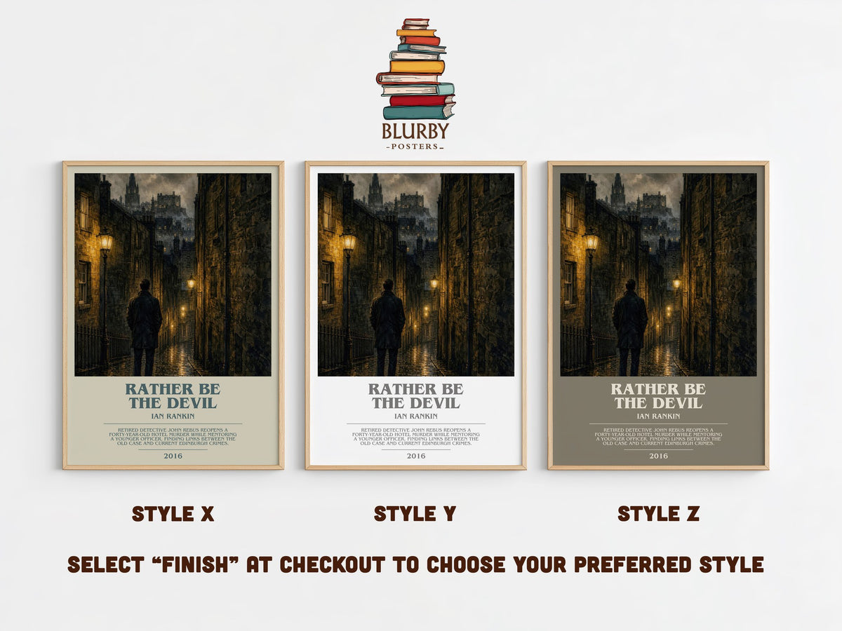 Rather Be the Devil bookish print in frame leaning in hallway – crime wall art (mockup)
