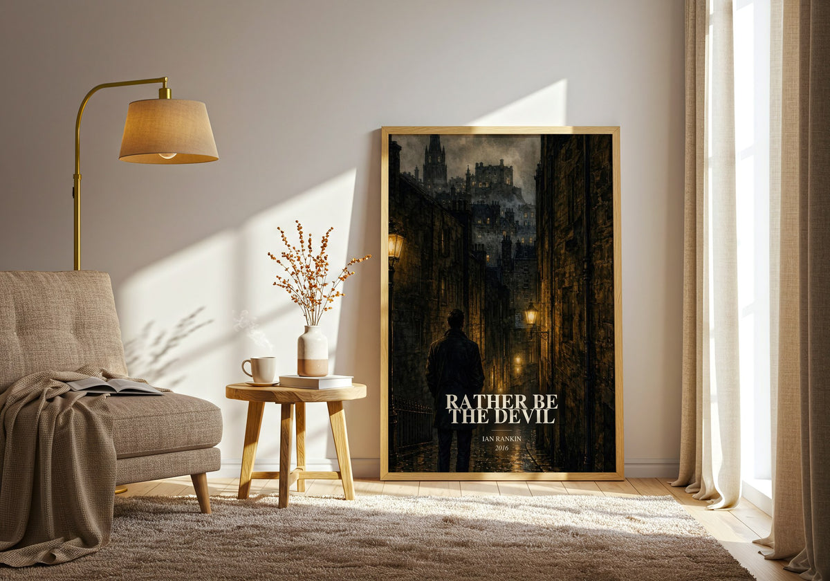 Rather Be the Devil watercolour print in frame leaning in hallway – crime wall art (mockup)