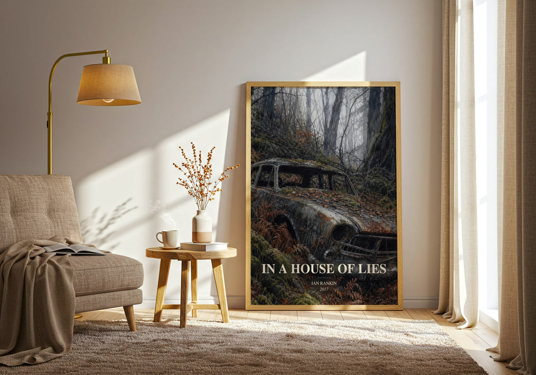 In a House of Lies watercolour print in frame leaning in hallway – crime wall art (mockup)