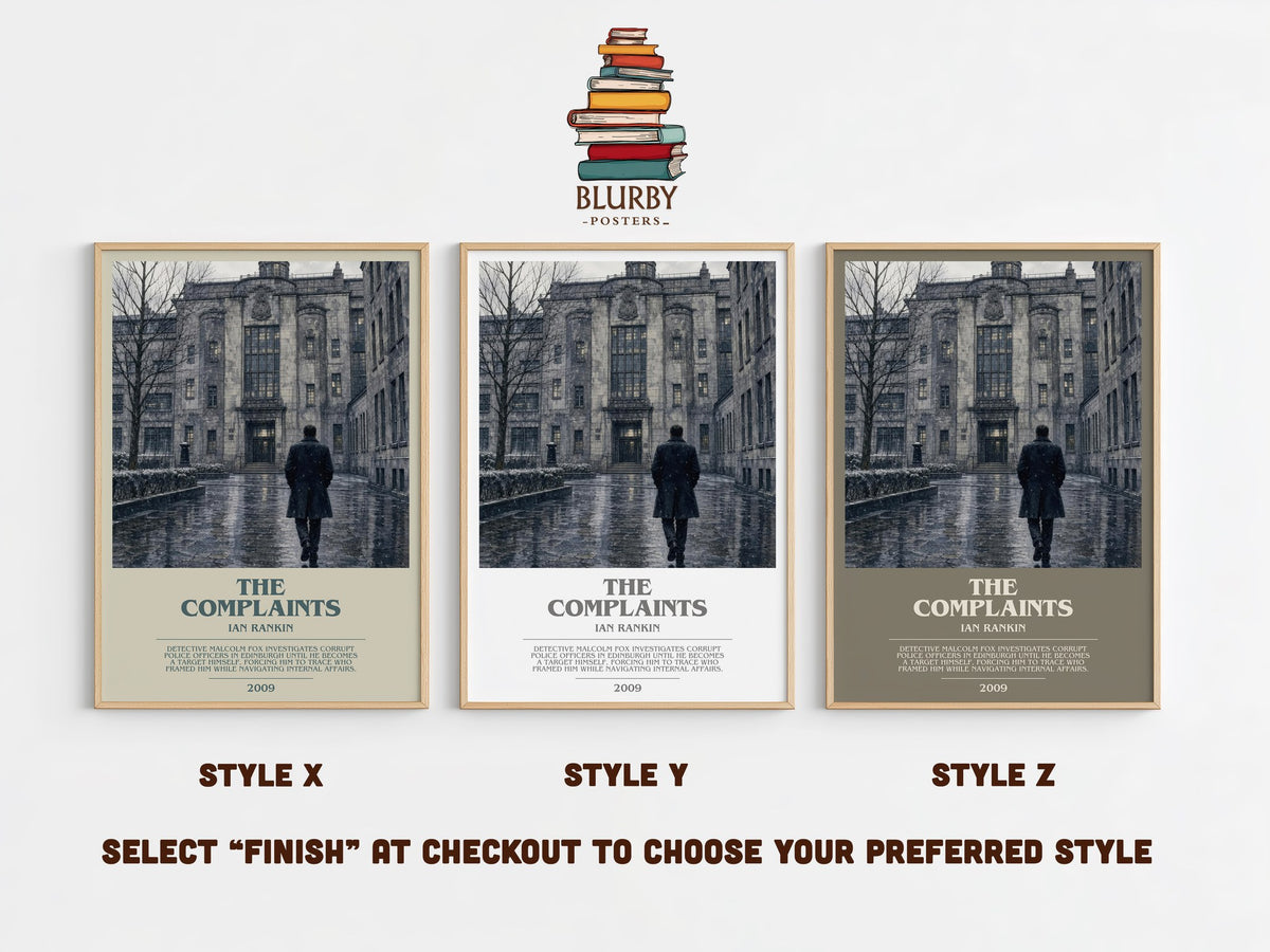 The Complaints bookish print in frame leaning in hallway – crime wall art (mockup)