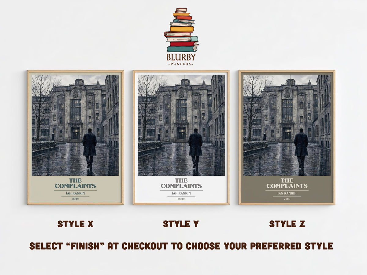The Complaints book cover print in frame leaning in hallway – crime wall art (mockup)