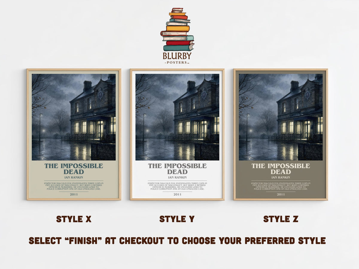 The Impossible Dead bookish print in frame leaning in hallway – crime wall art (mockup)