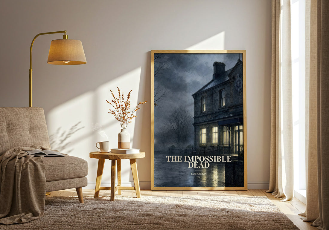 The Impossible Dead watercolour print in frame leaning in hallway – crime wall art (mockup)