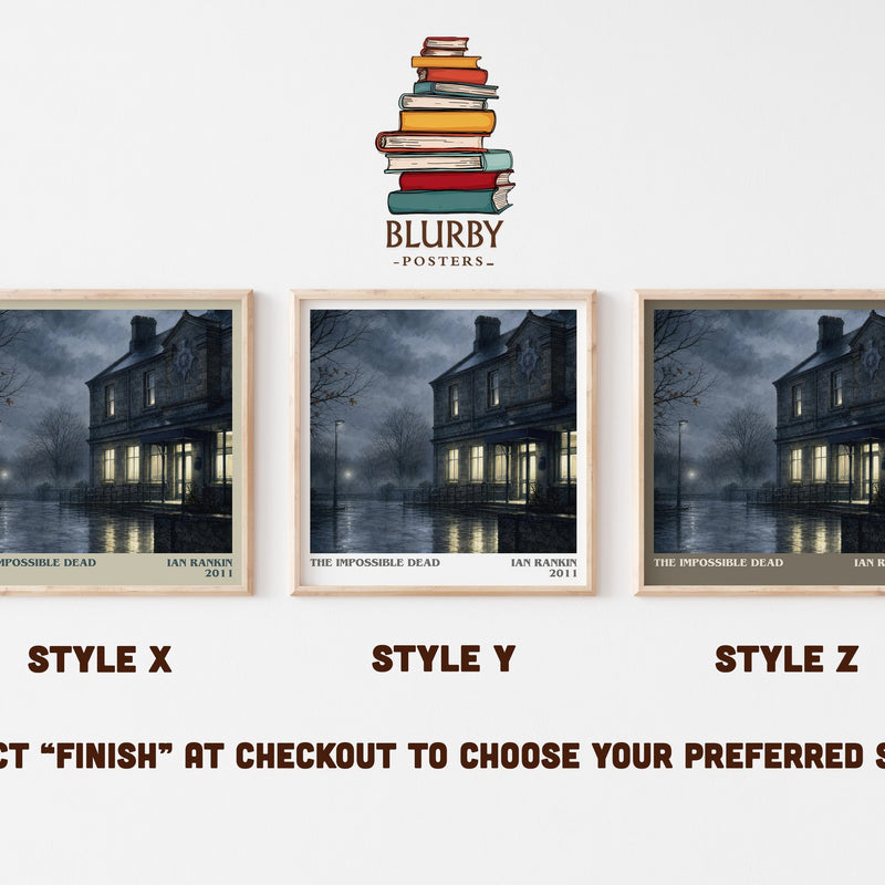 The Impossible Dead literary print in frame leaning in hallway – crime wall art