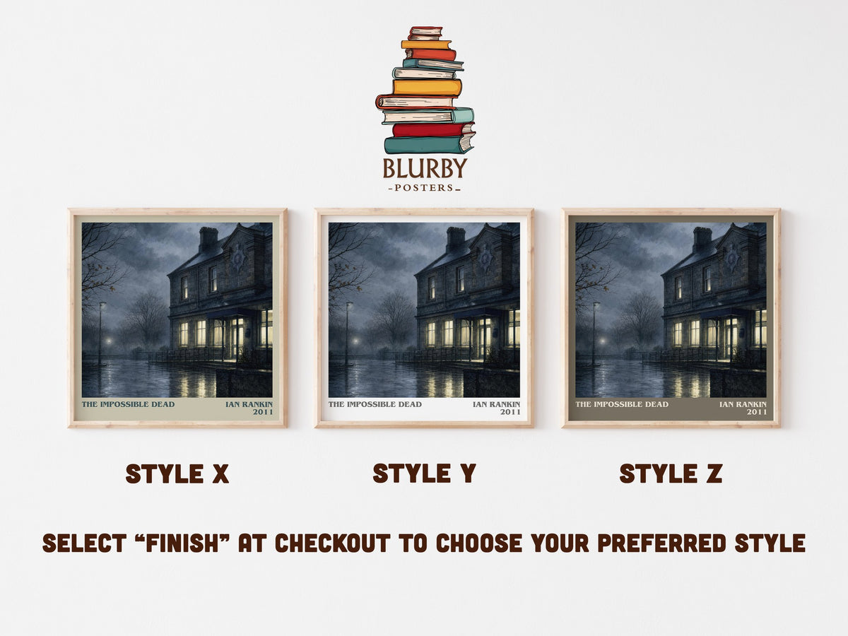 The Impossible Dead literary print in frame leaning in hallway – crime wall art (mockup)