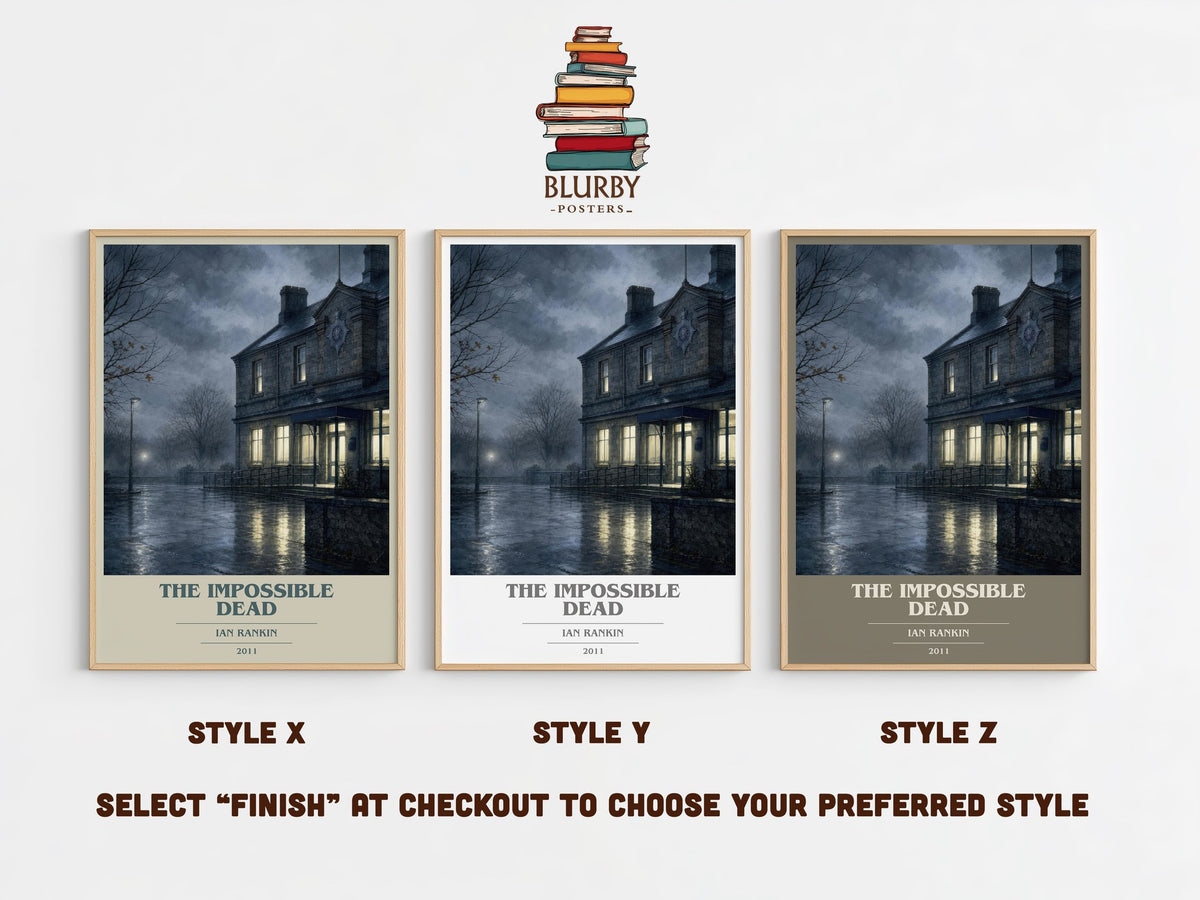 The Impossible Dead book cover print in frame leaning in hallway – crime wall art (mockup)