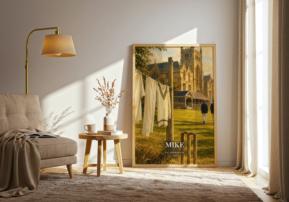 Mike watercolour print in frame leaning in hallway – coming of age wall art (mockup)