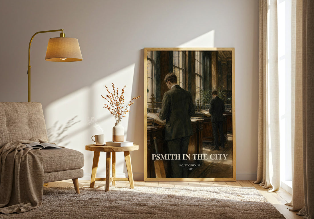 Psmith in the City watercolour print in frame leaning in hallway – satire wall art (mockup)