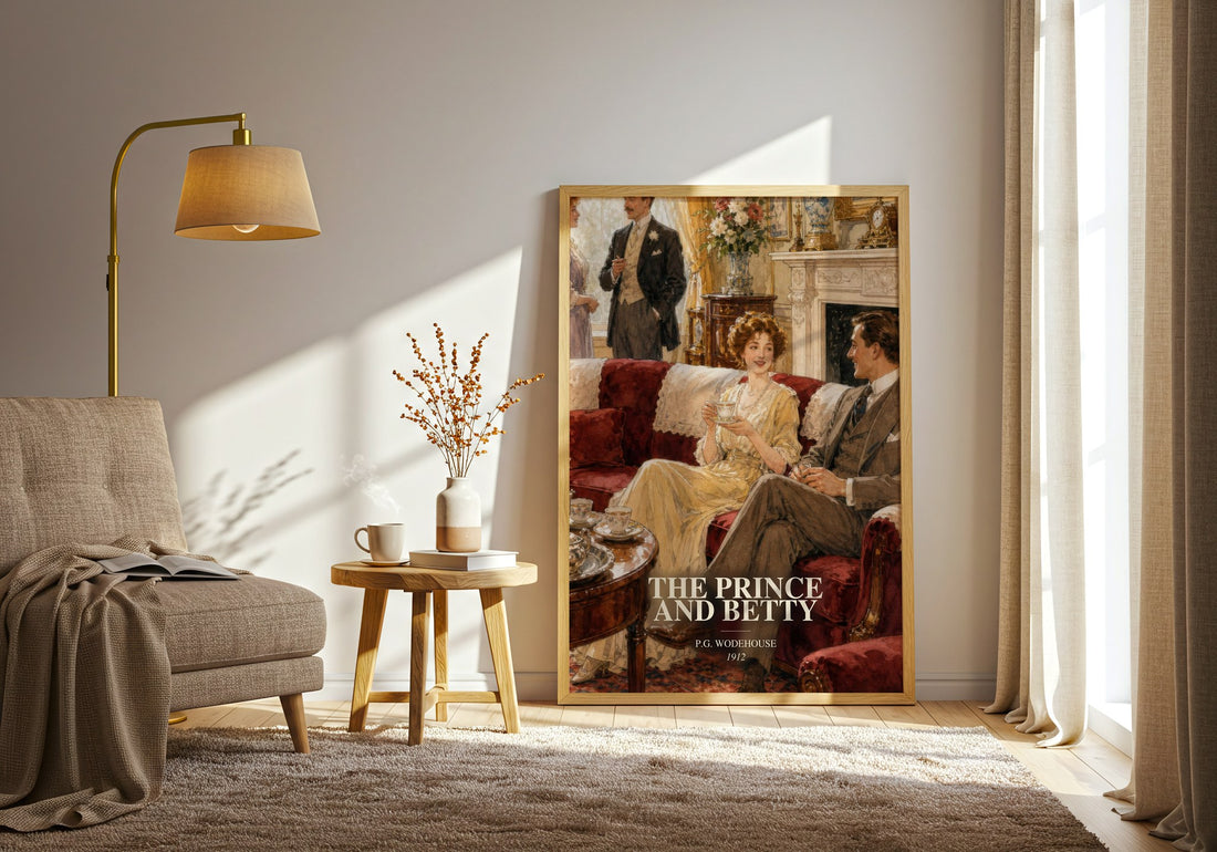 The Prince and Betty watercolour print in frame leaning in hallway – romance wall art (mockup)