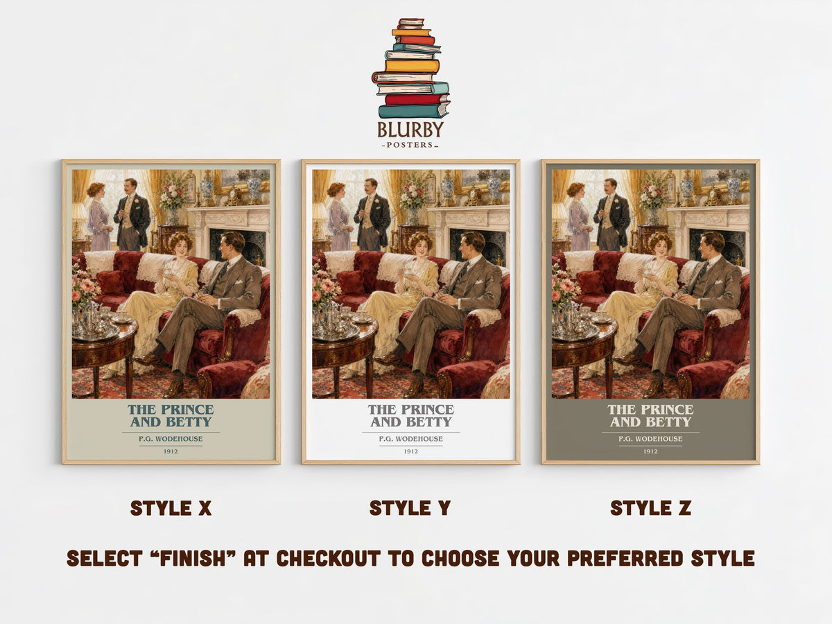 The Prince and Betty book cover print in frame leaning in hallway – romance wall art (mockup)