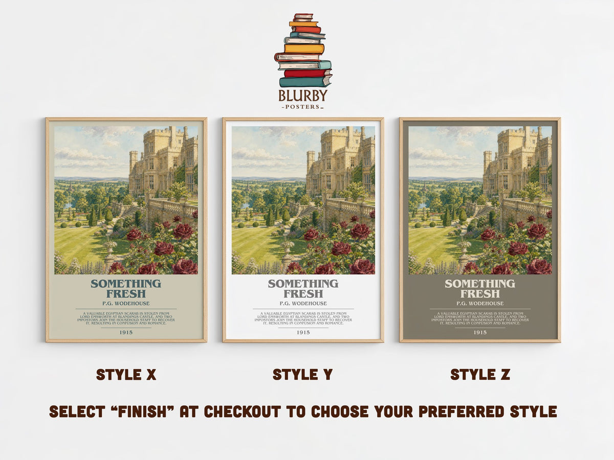 Something Fresh bookish print in frame leaning in hallway – classic literature wall art (mockup)