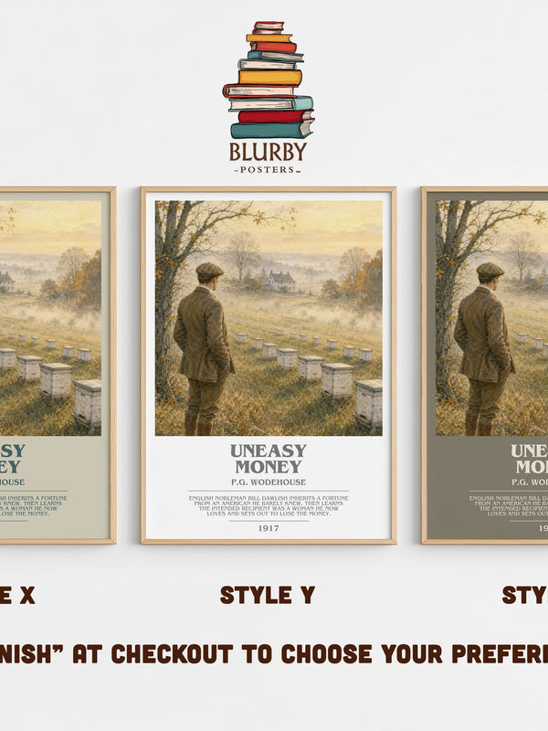 Uneasy Money bookish print in frame leaning in hallway – satire wall art