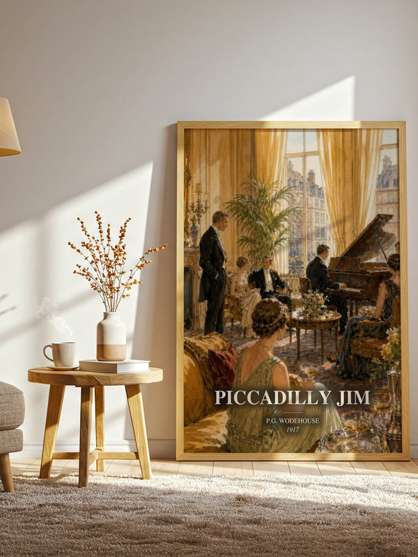 Piccadilly Jim watercolour print in frame leaning in hallway – satire wall art