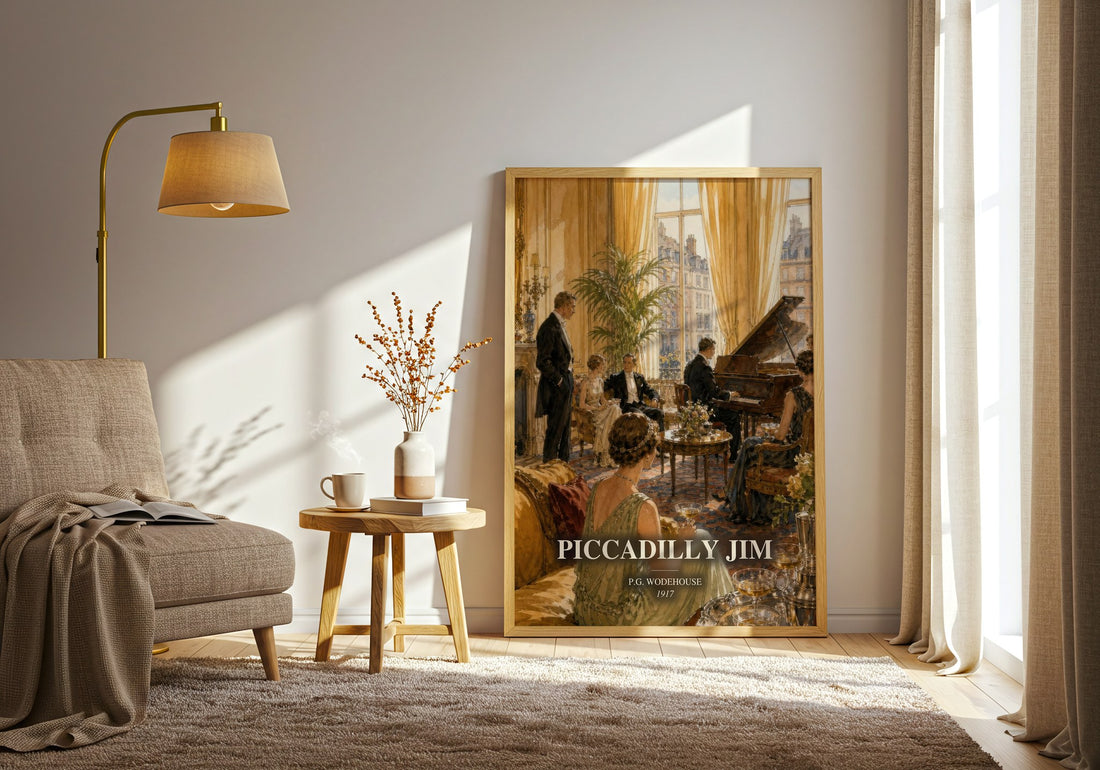 Piccadilly Jim watercolour print in frame leaning in hallway – satire wall art (mockup)