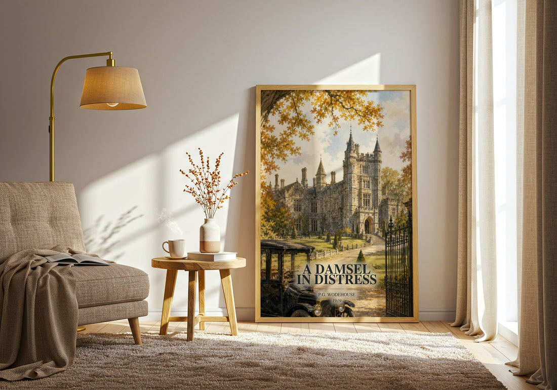 A Damsel in Distress watercolour print in frame leaning in hallway – classic literature wall art (mockup)