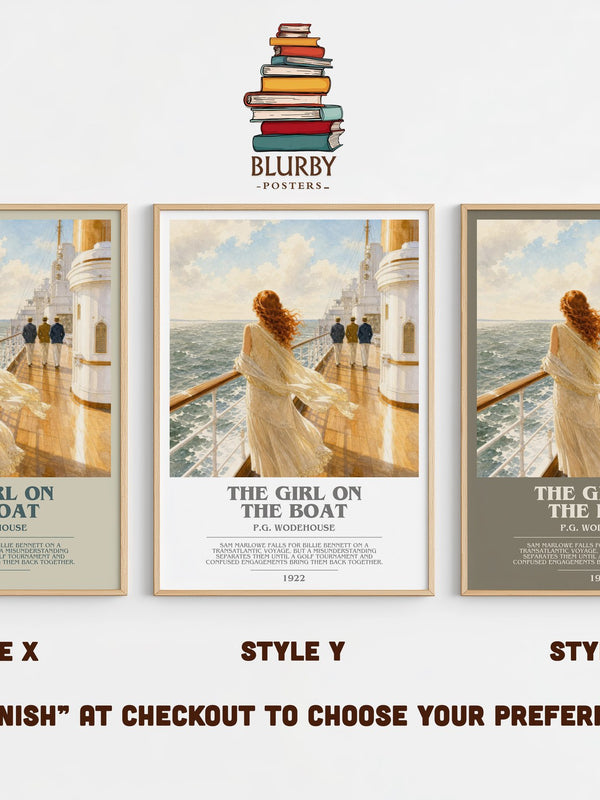 The Girl on the Boat bookish print in frame leaning in hallway – romance wall art