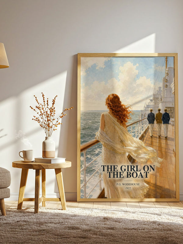 The Girl on the Boat watercolour print in frame leaning in hallway – romance wall art