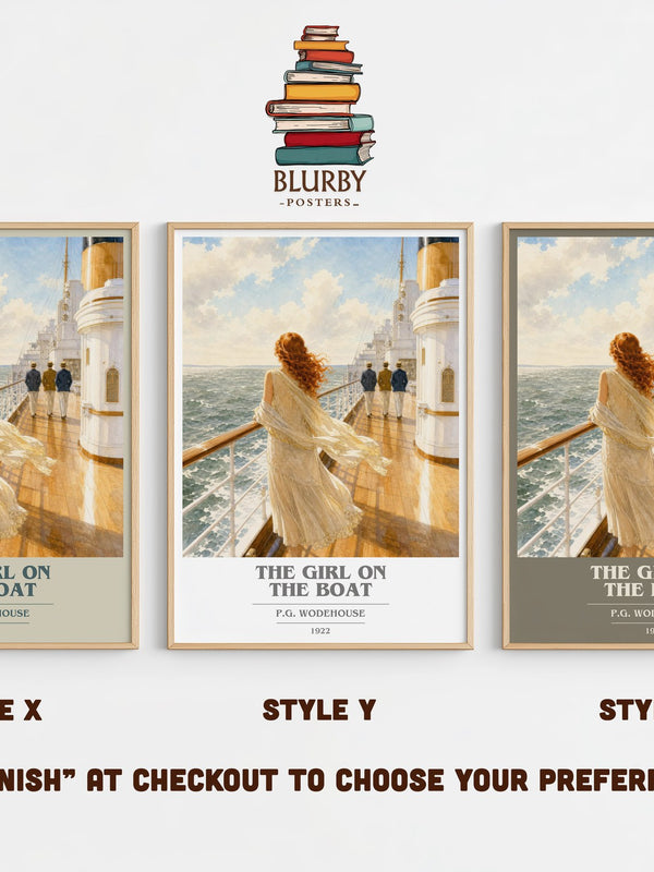 The Girl on the Boat book cover print in frame leaning in hallway – romance wall art