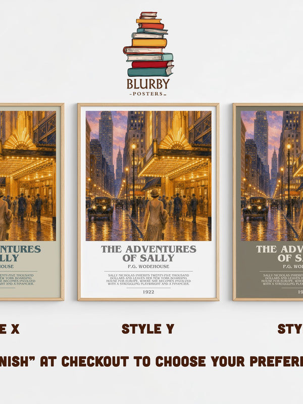 The Adventures of Sally bookish print in frame leaning in hallway – romance wall art