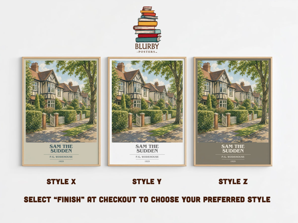 Sam the Sudden book cover print in frame leaning in hallway – classic literature wall art (mockup)