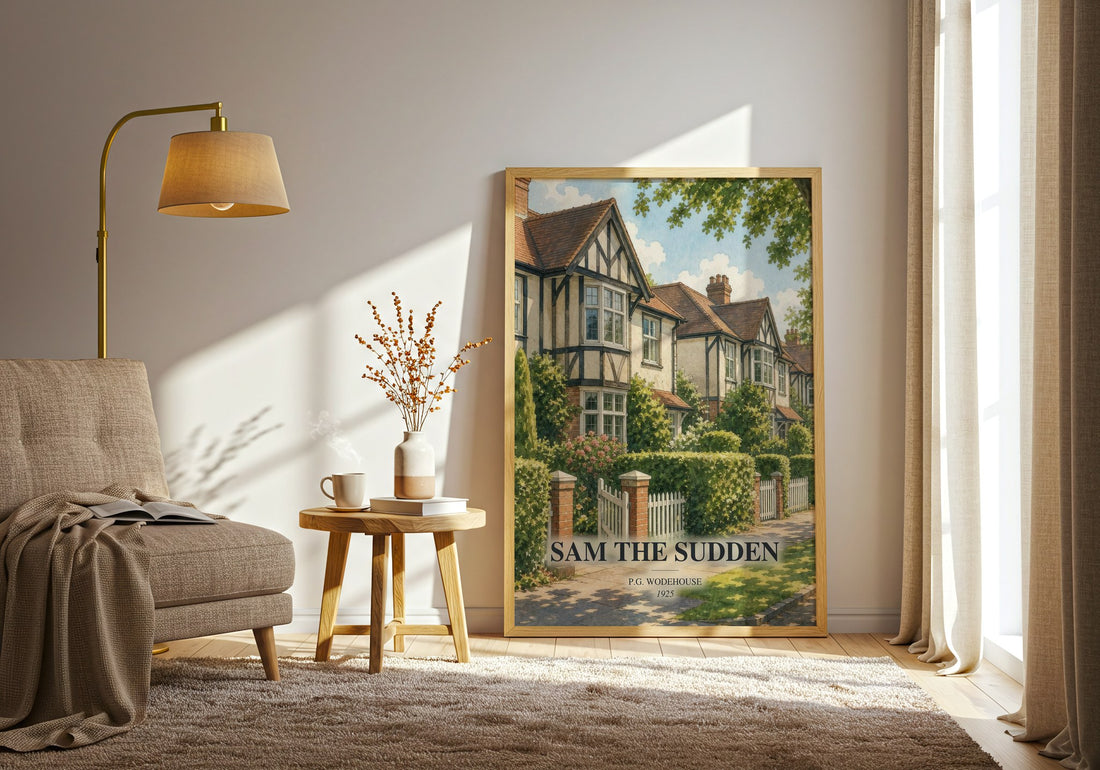 Sam the Sudden watercolour print in frame leaning in hallway – classic literature wall art (mockup)