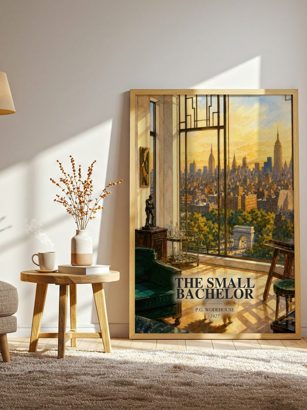 The Small Bachelor watercolour print in frame leaning in hallway – satire wall art