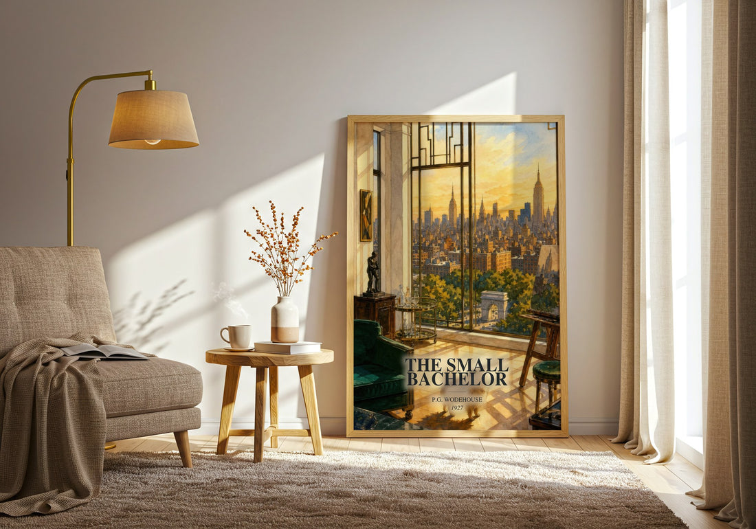 The Small Bachelor watercolour print in frame leaning in hallway – satire wall art (mockup)