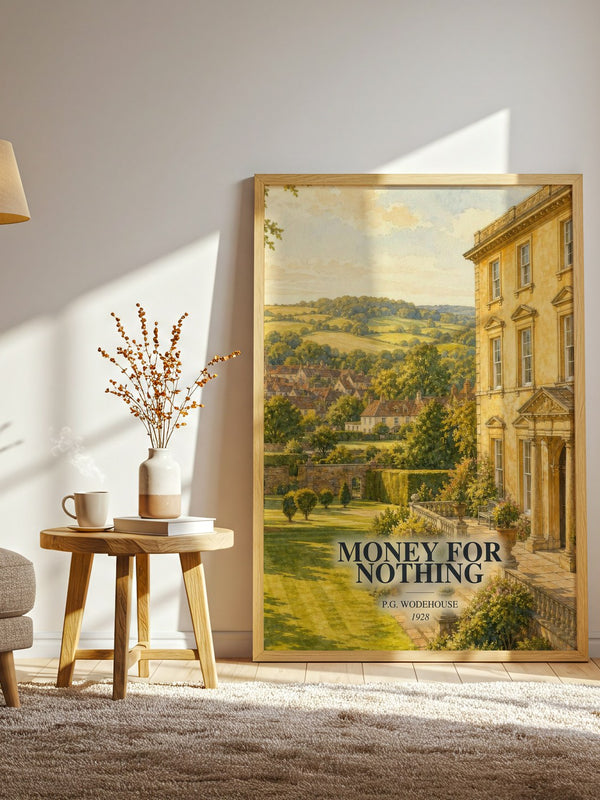 Money for Nothing watercolour print in frame leaning in hallway – satire wall art