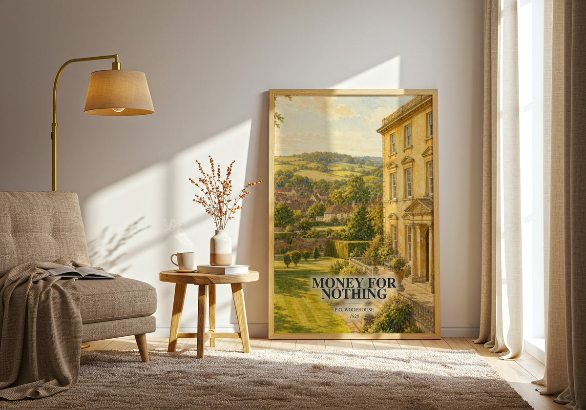Money for Nothing watercolour print in frame leaning in hallway – satire wall art (mockup)