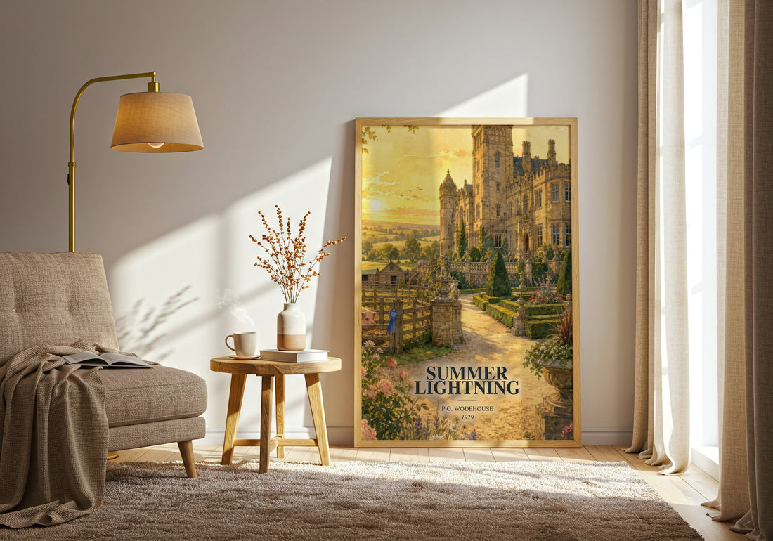 Summer Lightning watercolour print in frame leaning in hallway – satire wall art (mockup)