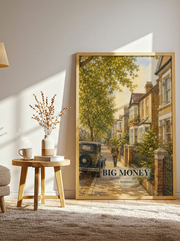 Big Money watercolour print in frame leaning in hallway – classic literature wall art