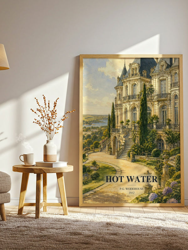 Hot Water watercolour print in frame leaning in hallway – satire wall art