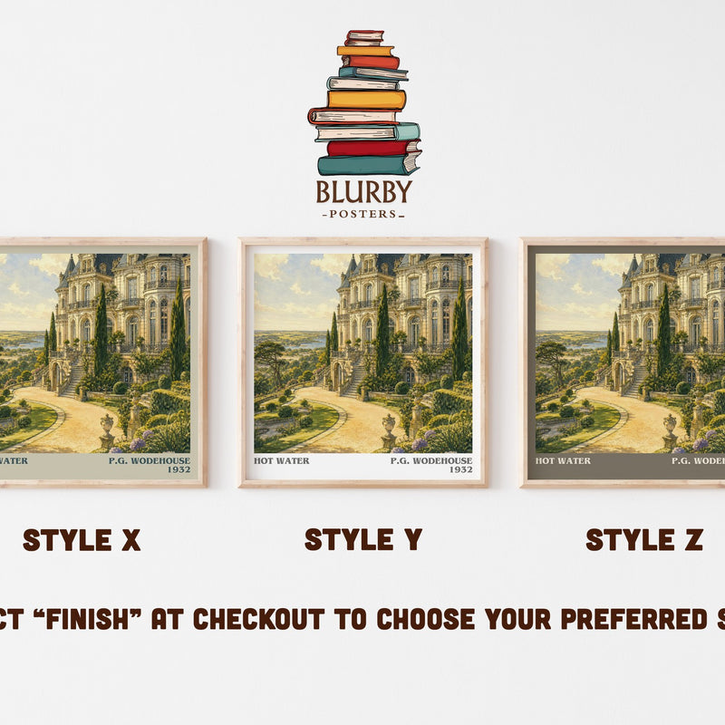 Hot Water literary print in frame leaning in hallway – satire wall art