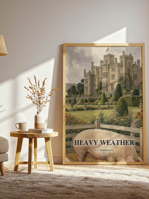 Heavy Weather watercolour print in frame leaning in hallway – satire wall art