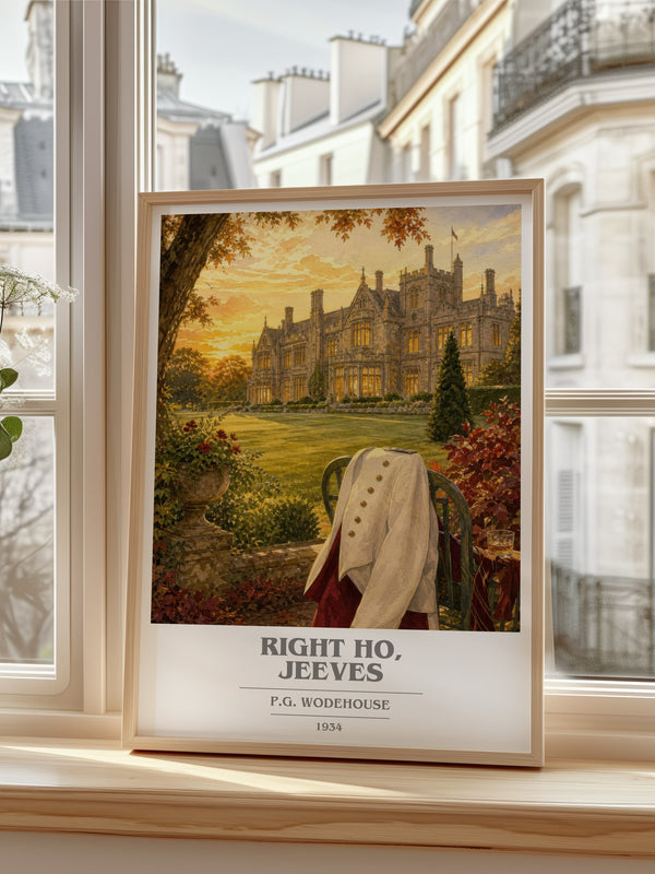 Right Ho, Jeeves Book Cover Poster by P.G. Wodehouse – framed print by a bright window