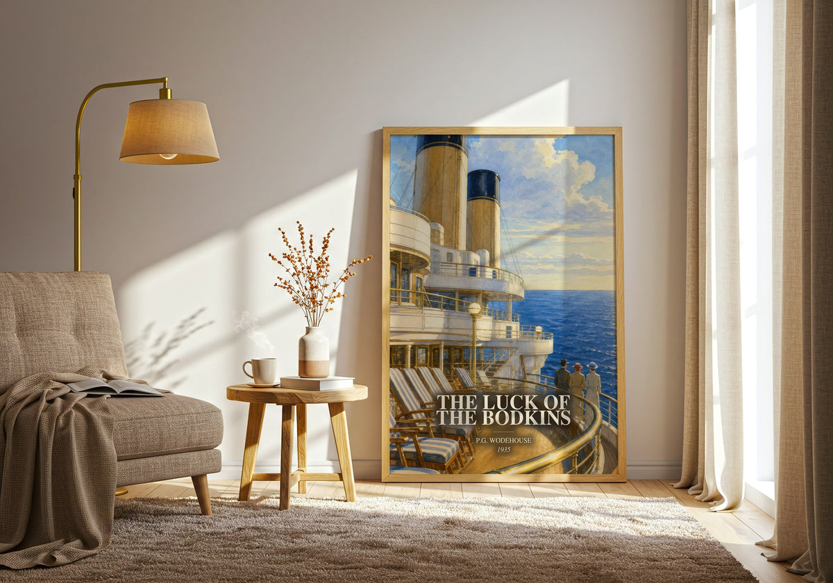 The Luck of the Bodkins watercolour print in frame leaning in hallway – satire wall art (mockup)