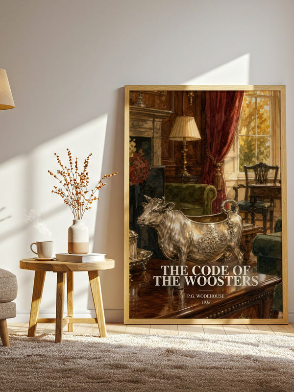 The Code of the Woosters watercolour print in frame leaning in hallway – satire wall art